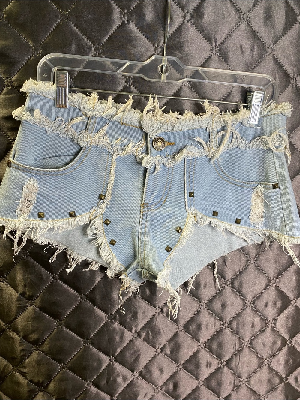 Low Rise Distressed Denim Micro Shorts Studded Frayed Hot Pants M (28)